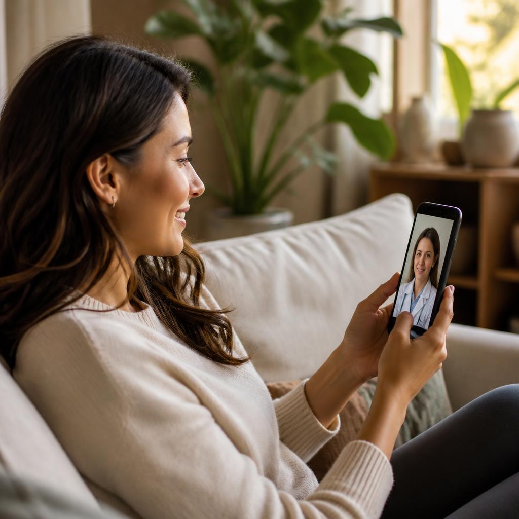 Paciente sorrindo em teleconsulta psiquiátrica pelo celular, em casa