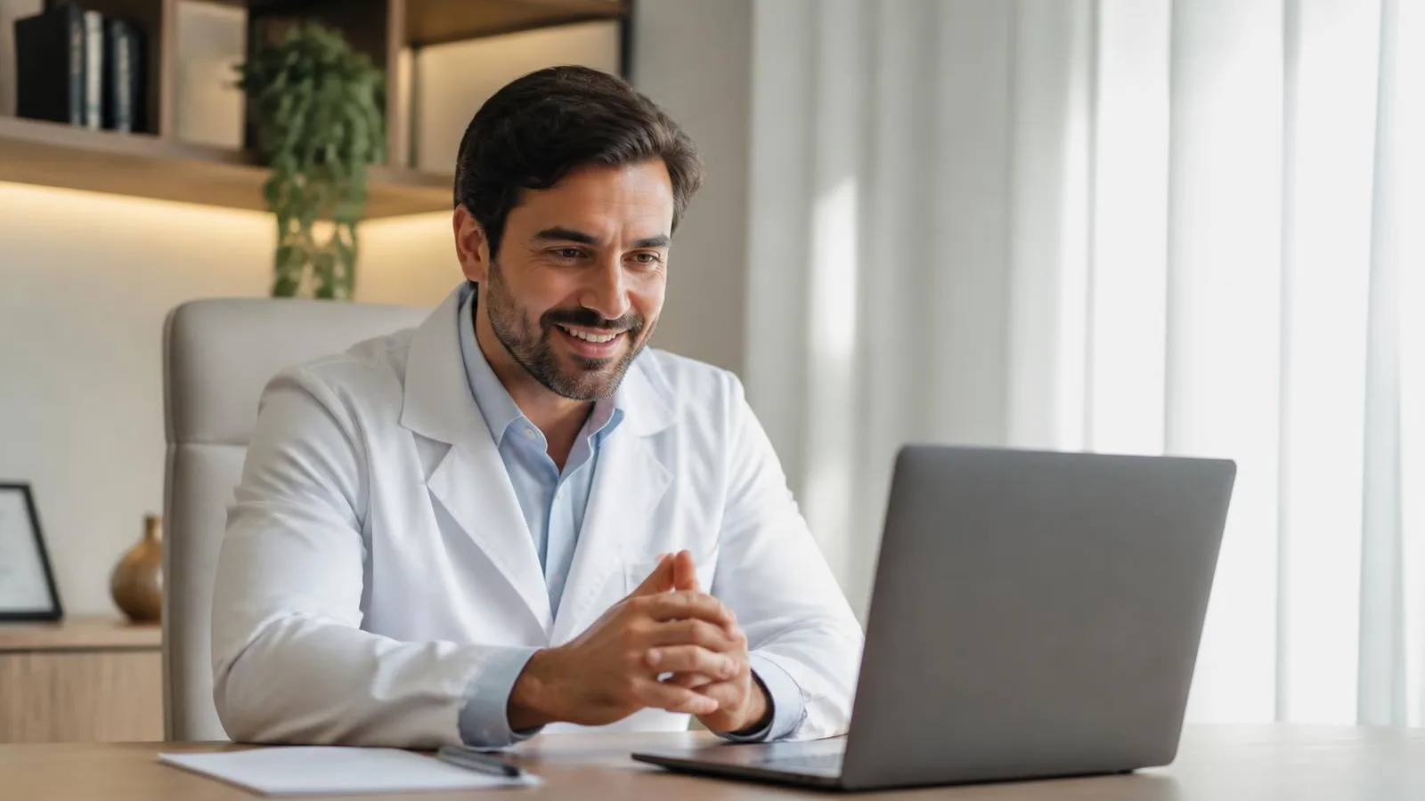 Médico em consultório claro conduzindo consulta online por vídeo pelo notebook, com postura acolhedora e profissional