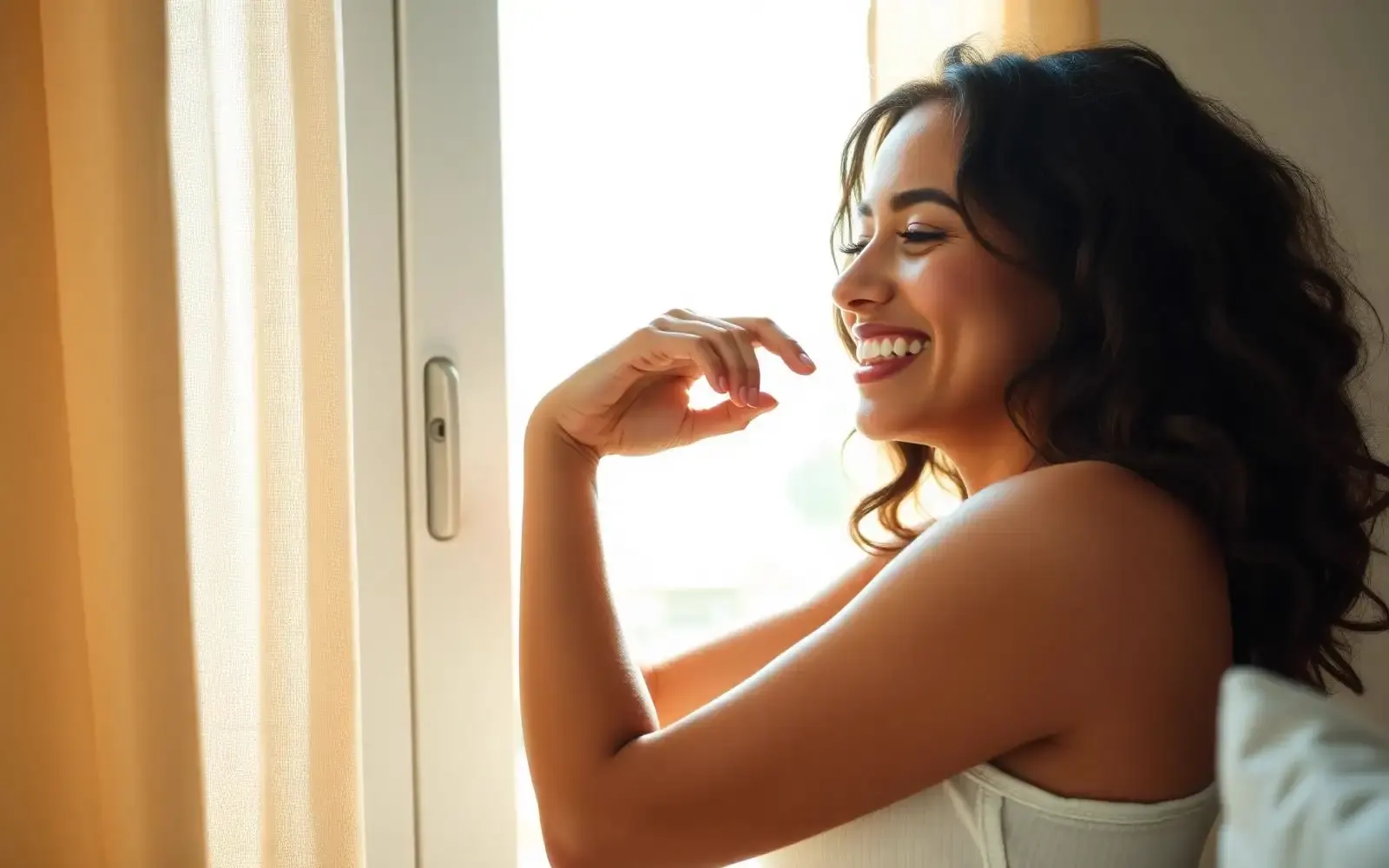 Mulher sorrindo tranquila em casa, iluminada pela luz natural da manhã